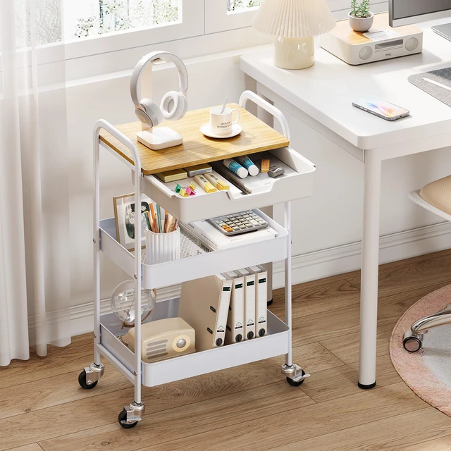 Alt view image 6 of 7 - 3-Tier Metal Utility Rolling Cart with Drawer and Wooden Table Top, Storage Cart White Trolley Kitchen Organizer Rolling Desk with Locking Wheels for Office, Classroom, Home, Bedroom