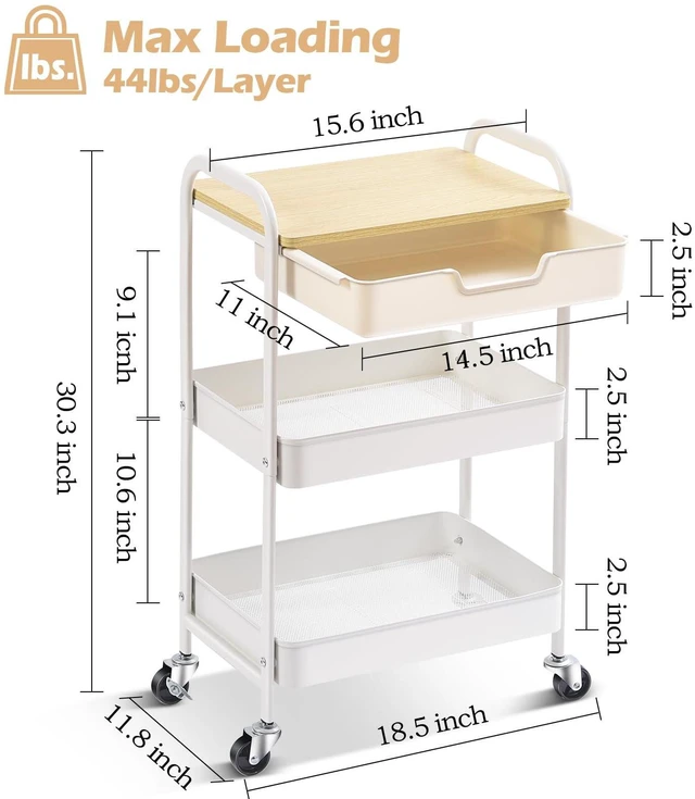 Alt view image 7 of 7 - 3-Tier Metal Utility Rolling Cart with Drawer and Wooden Table Top, Storage Cart White Trolley Kitchen Organizer Rolling Desk with Locking Wheels for Office, Classroom, Home, Bedroom