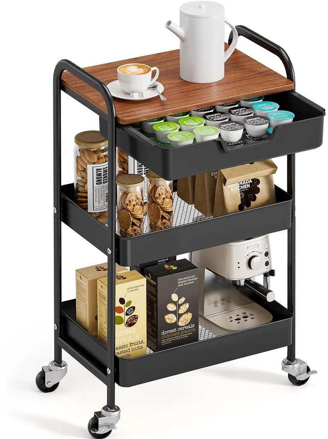 Main image of 3-Tier Utility Rolling Cart with Wooden Board and Drawer, Metal Storage Cart with Handle, Black Trolley Kitchen Organizer Rolling Desk with Locking Wheels for Office, Classroom, Home, Bedroom