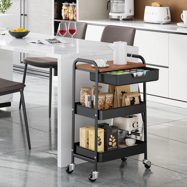 Alt view image 2 of 7 - 3-Tier Utility Rolling Cart with Wooden Board and Drawer, Metal Storage Cart with Handle, Black Trolley Kitchen Organizer Rolling Desk with Locking Wheels for Office, Classroom, Home, Bedroom