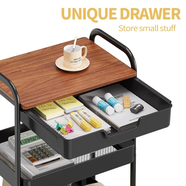 Alt view image 3 of 7 - 3-Tier Utility Rolling Cart with Wooden Board and Drawer, Metal Storage Cart with Handle, Black Trolley Kitchen Organizer Rolling Desk with Locking Wheels for Office, Classroom, Home, Bedroom