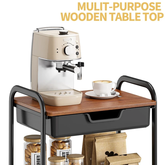Alt view image 4 of 7 - 3-Tier Utility Rolling Cart with Wooden Board and Drawer, Metal Storage Cart with Handle, Black Trolley Kitchen Organizer Rolling Desk with Locking Wheels for Office, Classroom, Home, Bedroom