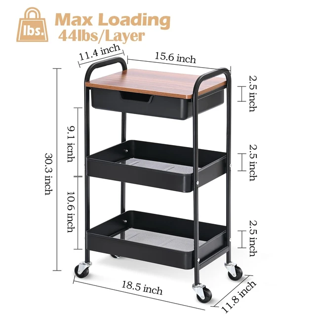 Alt view image 7 of 7 - 3-Tier Utility Rolling Cart with Wooden Board and Drawer, Metal Storage Cart with Handle, Black Trolley Kitchen Organizer Rolling Desk with Locking Wheels for Office, Classroom, Home, Bedroom