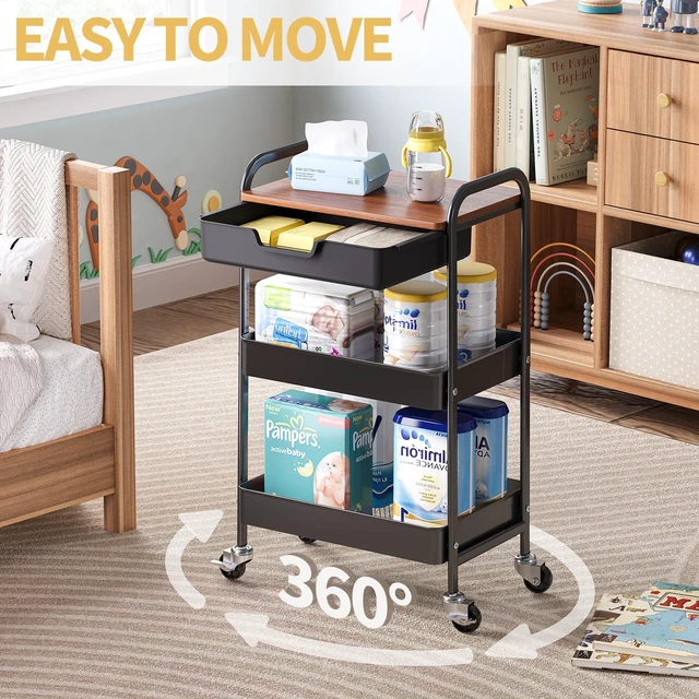 Alt view image 6 of 7 - 3-Tier Utility Rolling Cart with Wooden Board and Drawer, Metal Storage Cart with Handle, Black Trolley Kitchen Organizer Rolling Desk with Locking Wheels for Office, Classroom, Home, Bedroom