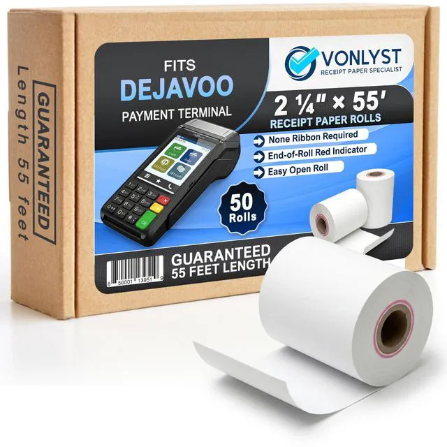 Main image of Thermal Receipt Paper Rolls for Dejavoo Z8 Z9 Z11 P1 P3 P8 QD1 QD2 QD4 QD5 2 1/4 x 55 BPA Free Credit Card Machine & POS Printer Paper with Red End Warning Stripe 50 Pack
