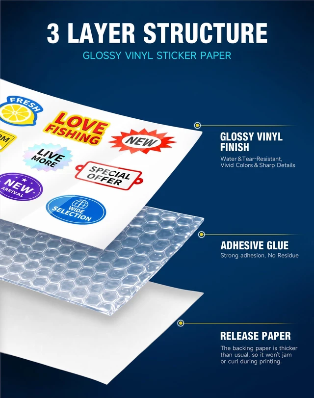 Alt view image 3 of 7 - 30 Sheets Premium Glossy Printable Vinyl Sticker Paper 8.5"x11" Quickly-Dries Waterproof for Pet Photos & Kids Crafts, Tear-Resistant Decals with Inkjet & Laser Printers