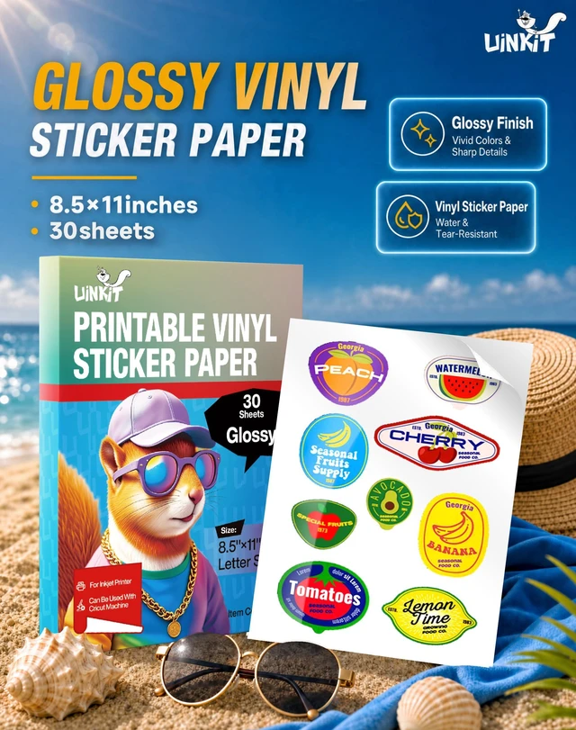 Alt view image 2 of 7 - 30 Sheets Premium Glossy Printable Vinyl Sticker Paper 8.5"x11" Quickly-Dries Waterproof for Pet Photos & Kids Crafts, Tear-Resistant Decals with Inkjet & Laser Printers