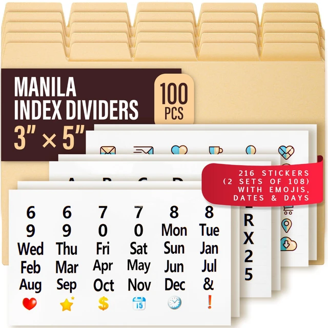 Main image of Index Card Dividers 3x5" 100 Pcs of Cardboard Alphabet Dividers with 108 Stickers & Tabs for Index Card Organizer Holder, Storage File Box, Notecard Organizers Recipe, Monthly, Alphabetical Cards