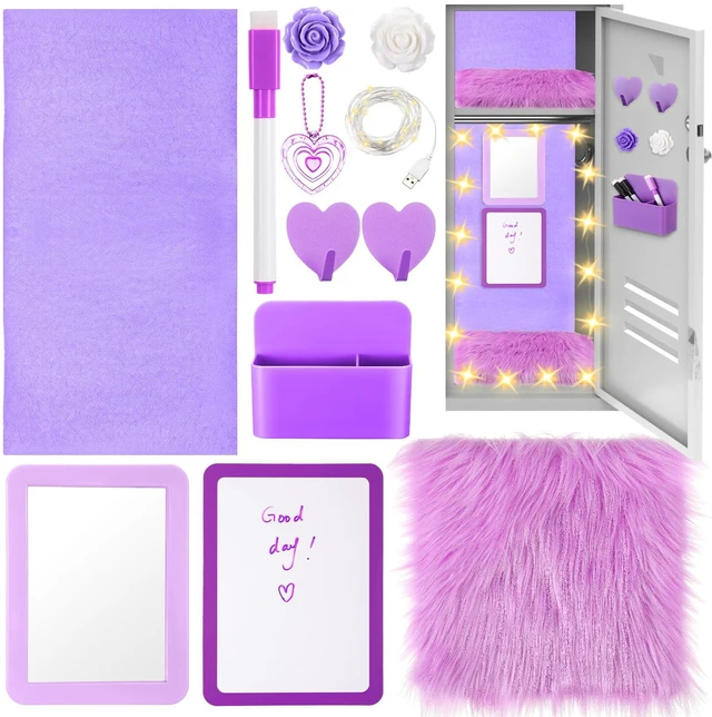 Main image of 12 Pcs School Locker Accessories Kit, Classic, Purple Locker Wallpaper Magnetic Mirror Whiteboard Rug Pen Holder Keychain Hook and More, Locker Decoration and Daily Storage
