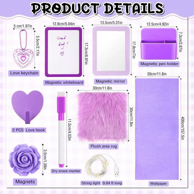 Alt view image 2 of 6 - 12 Pcs School Locker Accessories Kit, Classic, Purple Locker Wallpaper Magnetic Mirror Whiteboard Rug Pen Holder Keychain Hook and More, Locker Decoration and Daily Storage
