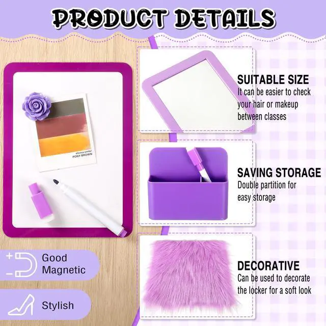 Alt view image 3 of 6 - 12 Pcs School Locker Accessories Kit, Classic, Purple Locker Wallpaper Magnetic Mirror Whiteboard Rug Pen Holder Keychain Hook and More, Locker Decoration and Daily Storage