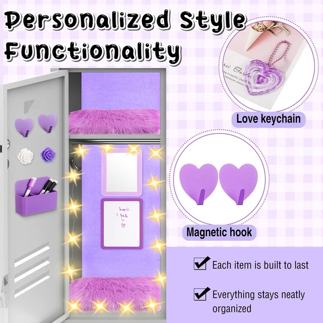 Alt view image 5 of 6 - 12 Pcs School Locker Accessories Kit, Classic, Purple Locker Wallpaper Magnetic Mirror Whiteboard Rug Pen Holder Keychain Hook and More, Locker Decoration and Daily Storage