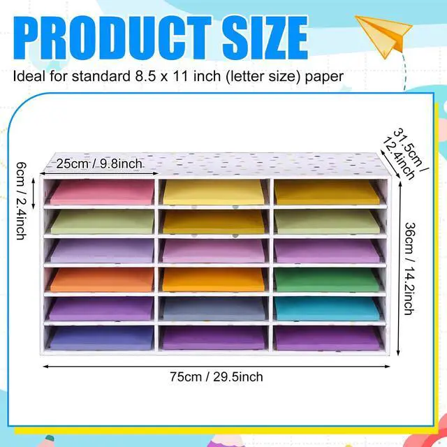 Alt view image 2 of 7 - 2 Pcs Classroom Construction Paper Storage,Colorful Polka Dots 18 Slot Compartments Desktop Scrapbook Organizer for Letter/A4 File Sorter, 14.2" H x 28.1" W x 12.4" D for School Office
