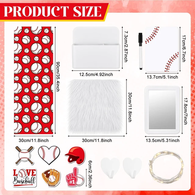 Alt view image 3 of 6 - 12 Pcs School Locker Accessories Kit, Baseball, Red and White Locker Wallpaper Magnetic Mirror Whiteboard Rug Pen Holder Keychain Hook and More, Locker Decoration and Daily Storage