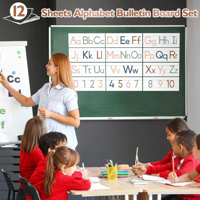 Alt view image 6 of 7 - 12 Pieces Alphabet Line for Classroom Wall Boho Manuscript Alphabet Line Bulletin Board Set ABC Banner and Number Border Posters for Classroom Decor