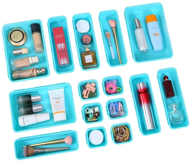 Main image of 15PCS Interlocking Drawer Organizer, Plastic Desk Organizer Set 3-Size Versatile Storage Bins,BPA-free,Non-slip, Fits Any Drawer for Cosmetics,Bathroom, Tools,Kitchen and OfficeBlue&Green