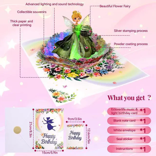 Alt view image 6 of 6 - Birthday Card, 3D Pop-Up Birthday Card for Girls Musical Birthday Card with Colorful Lights & Music, Fairy Birthday Card for Girls, Daughters, and Granddaughters