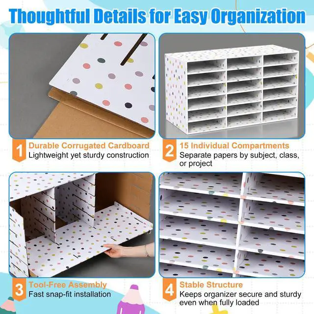 Alt view image 3 of 7 - 2 Pcs Classroom Construction Paper Storage,Colorful Polka Dots 18 Slot Compartments Desktop Scrapbook Organizer for Letter/A4 File Sorter, 14.2" H x 28.1" W x 12.4" D for School Office