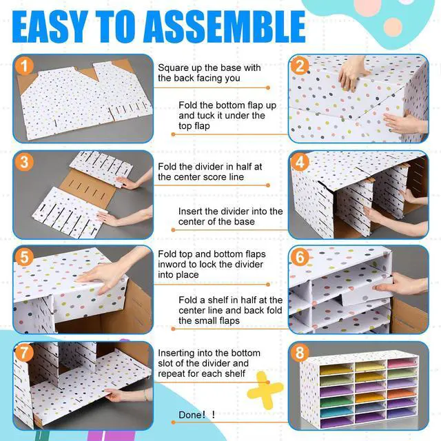 Alt view image 4 of 7 - 2 Pcs Classroom Construction Paper Storage,Colorful Polka Dots 18 Slot Compartments Desktop Scrapbook Organizer for Letter/A4 File Sorter, 14.2" H x 28.1" W x 12.4" D for School Office
