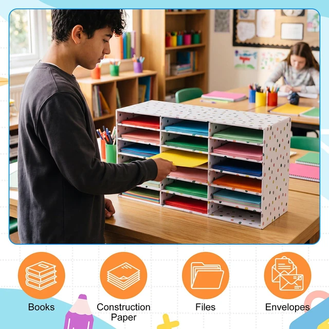 Alt view image 6 of 7 - 2 Pcs Classroom Construction Paper Storage,Colorful Polka Dots 18 Slot Compartments Desktop Scrapbook Organizer for Letter/A4 File Sorter, 14.2" H x 28.1" W x 12.4" D for School Office