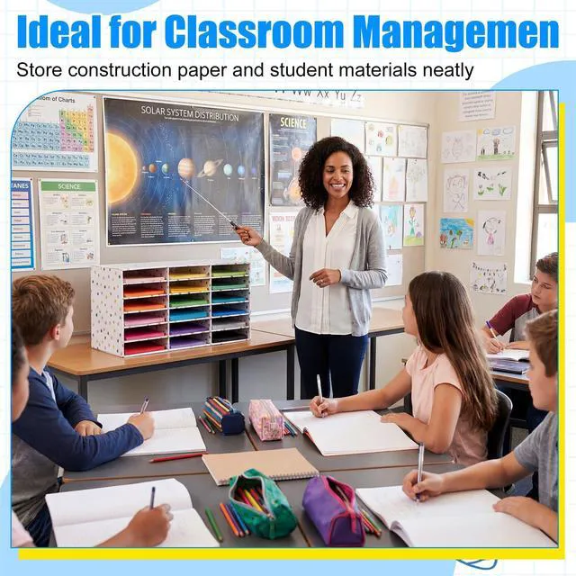Alt view image 5 of 7 - 2 Pcs Classroom Construction Paper Storage,Colorful Polka Dots 18 Slot Compartments Desktop Scrapbook Organizer for Letter/A4 File Sorter, 14.2" H x 28.1" W x 12.4" D for School Office