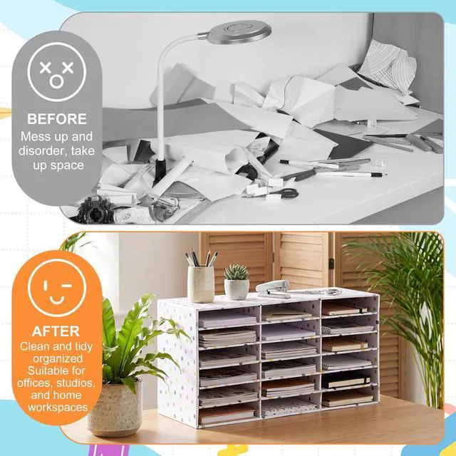 Alt view image 7 of 7 - 2 Pcs Classroom Construction Paper Storage,Colorful Polka Dots 18 Slot Compartments Desktop Scrapbook Organizer for Letter/A4 File Sorter, 14.2" H x 28.1" W x 12.4" D for School Office