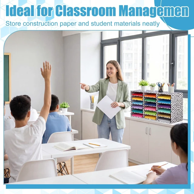Alt view image 5 of 7 - 2 Pcs Classroom Construction Paper Storage,Black Blocks 18 Slot Compartments Desktop Scrapbook Organizer for Letter/A4 File Sorter, 14.2" H x 28.1" W x 12.4" D for School Office
