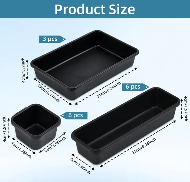 Alt view image 2 of 7 - 15PCS Interlocking Drawer Organizer, Plastic Desk Organizers Set 3-Size Versatile Storage Bins,BPA-free, Non-slip, Fits Any Drawer for Cosmetics, Bathroom, Tools, Kitchen and Office, Black