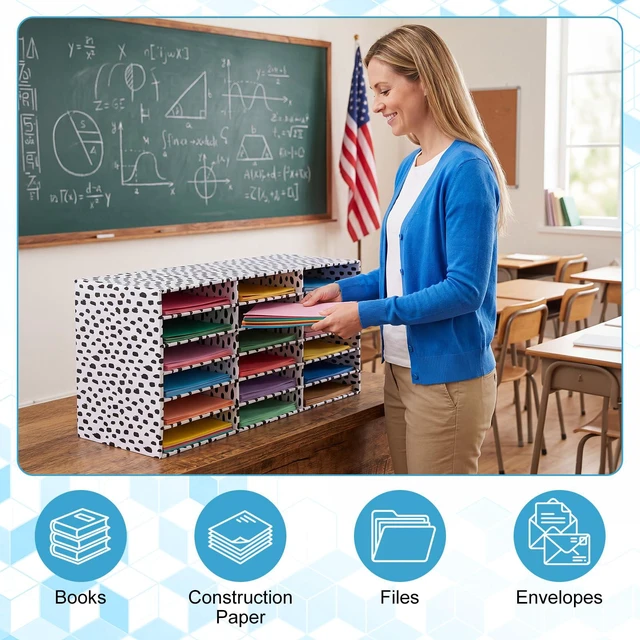 Alt view image 6 of 7 - 2 Pcs Classroom Construction Paper Storage,Black Blocks 18 Slot Compartments Desktop Scrapbook Organizer for Letter/A4 File Sorter, 14.2" H x 28.1" W x 12.4" D for School Office