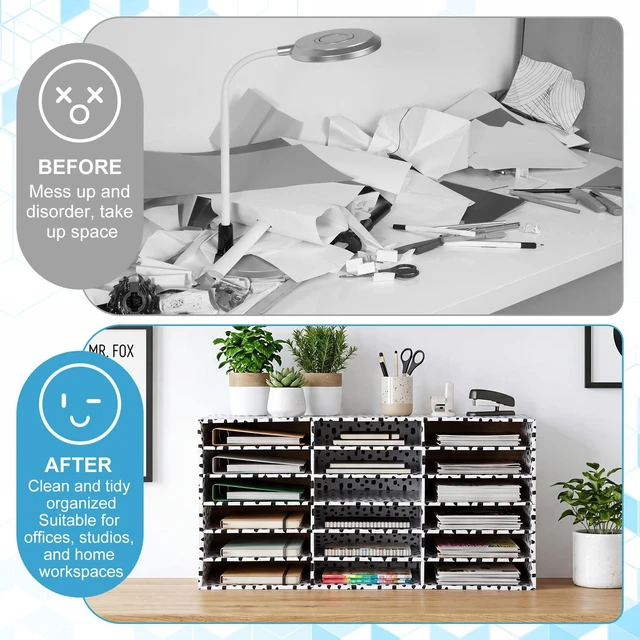 Alt view image 7 of 7 - 2 Pcs Classroom Construction Paper Storage,Black Blocks 18 Slot Compartments Desktop Scrapbook Organizer for Letter/A4 File Sorter, 14.2" H x 28.1" W x 12.4" D for School Office