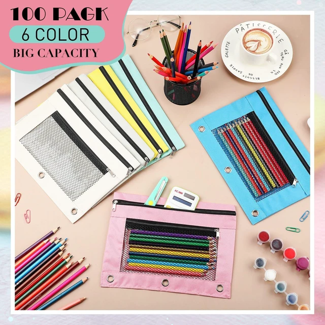 Alt view image 3 of 7 - 100 Pcs Classroom Binder Pencil Pouches, Macaron, 2 Zipper 3 Ring Binder Zipper Pencil Pouches, Mesh Layer Pencil Bags Bulk, Pencils Pouches for Students, Back to School Pen Bags