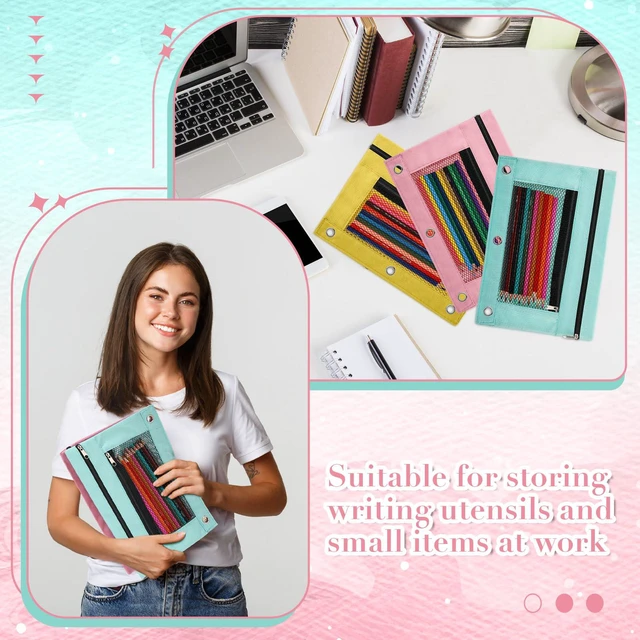 Alt view image 6 of 7 - 100 Pcs Classroom Binder Pencil Pouches, Macaron, 2 Zipper 3 Ring Binder Zipper Pencil Pouches, Mesh Layer Pencil Bags Bulk, Pencils Pouches for Students, Back to School Pen Bags