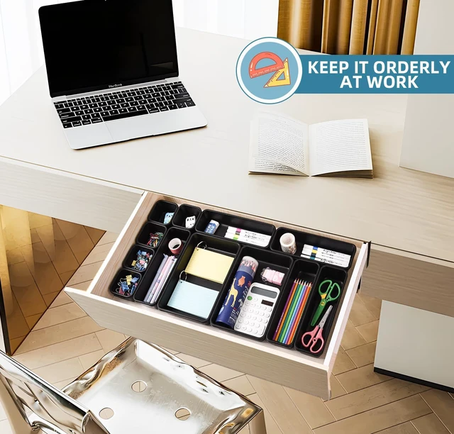Alt view image 5 of 7 - 15PCS Interlocking Drawer Organizer, Plastic Desk Organizers Set 3-Size Versatile Storage Bins,BPA-free, Non-slip, Fits Any Drawer for Cosmetics, Bathroom, Tools, Kitchen and Office, Black