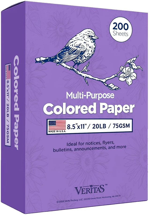Main image of Veritas Colored Copy Paper, Purple Paper,Colored Printer Paper 8.5 x 11 Letter Size, 20 lb / 75 GSM, Purple, 200 Sheets, For Copy, Printer, Multi-Purpose, Made in USA