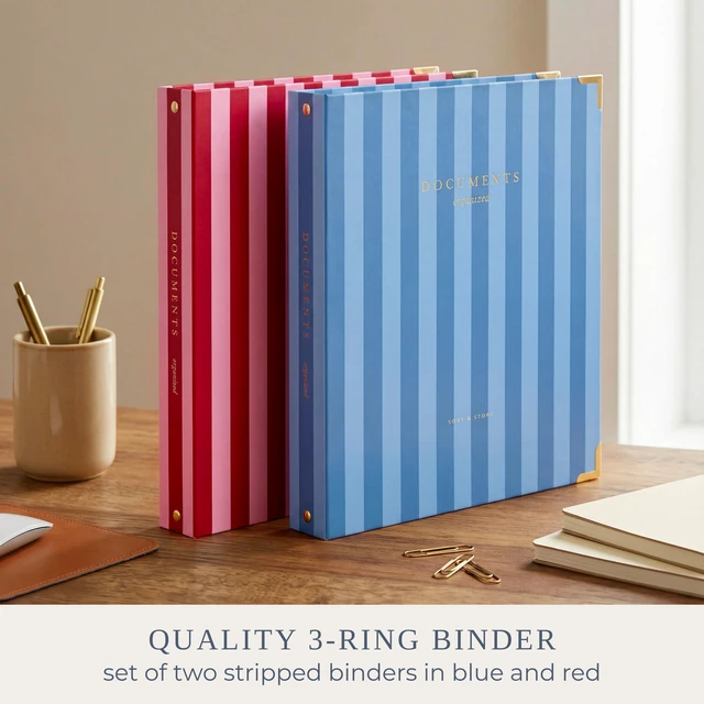 Alt view image 3 of 7 - Aesthetic 3 Ring Binder Set of 2 - Sturdy Striped 1 Inch Letter Size Binder Fits Letter Sized Paper - Three Hole Ring Holder for Women or Men with Pocket Organizes Paperwork for School or Office