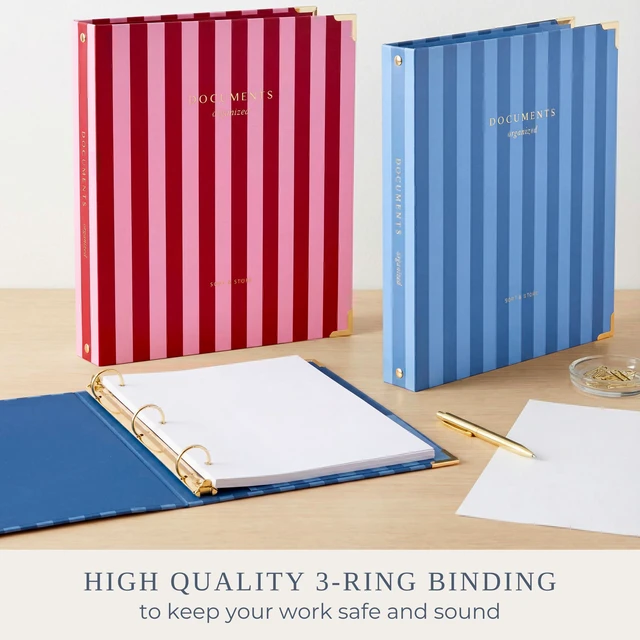 Alt view image 4 of 7 - Aesthetic 3 Ring Binder Set of 2 - Sturdy Striped 1 Inch Letter Size Binder Fits Letter Sized Paper - Three Hole Ring Holder for Women or Men with Pocket Organizes Paperwork for School or Office