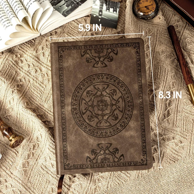 Alt view image 4 of 7 - Leather Journal for Men Women Vintage Notebook Diary, A5, Dark Brown Embossed Softcover, 288 Pages, Lay Flat for Writing, Journaling, Work, Travel, Business Gift, Portable A5, 5.7 x 8.3 in
