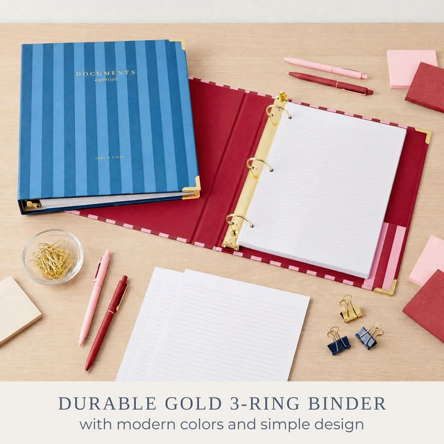 Alt view image 6 of 7 - Aesthetic 3 Ring Binder Set of 2 - Sturdy Striped 1 Inch Letter Size Binder Fits Letter Sized Paper - Three Hole Ring Holder for Women or Men with Pocket Organizes Paperwork for School or Office