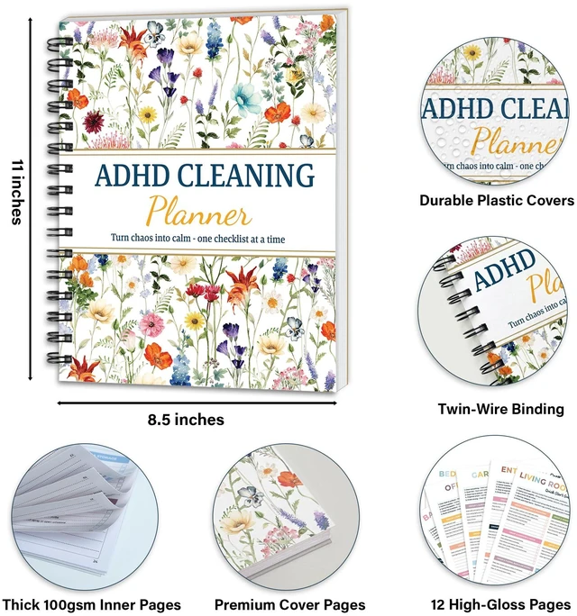 Alt view image 2 of 7 - ADHD Cleaning Planner, Wildflowers Daily Weekly Monthly Checklists Spiral Bound Schedule Organizer for Adults & Teens, Weekly & Monthly Household Tracker for ADHD Minds, Stress-Free Housework