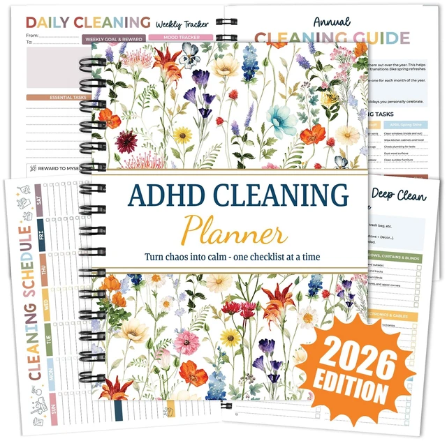 Main image of ADHD Cleaning Planner, Wildflowers Daily Weekly Monthly Checklists Spiral Bound Schedule Organizer for Adults & Teens, Weekly & Monthly Household Tracker for ADHD Minds, Stress-Free Housework