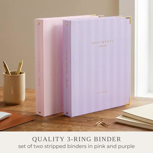 Alt view image 3 of 7 - Aesthetic 3 Ring Binder Set of 2 - Sturdy Striped 1 Inch Letter Size Binder Fits Letter Sized Paper - Three Hole Ring Holder for Women or Men with Pocket Organizes Paperwork for School or Office