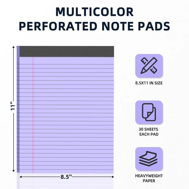 Alt view image 2 of 7 - 24 Pack Colored Legal Pads 8.5 x 11 Wide Ruled Note Pads 8.5 x 11 Notepads Writing Pads with Sturdy White Back, 30 Sheets Per Notepad, Multicolor PerforatedLined Paper for Home School Office Supplies