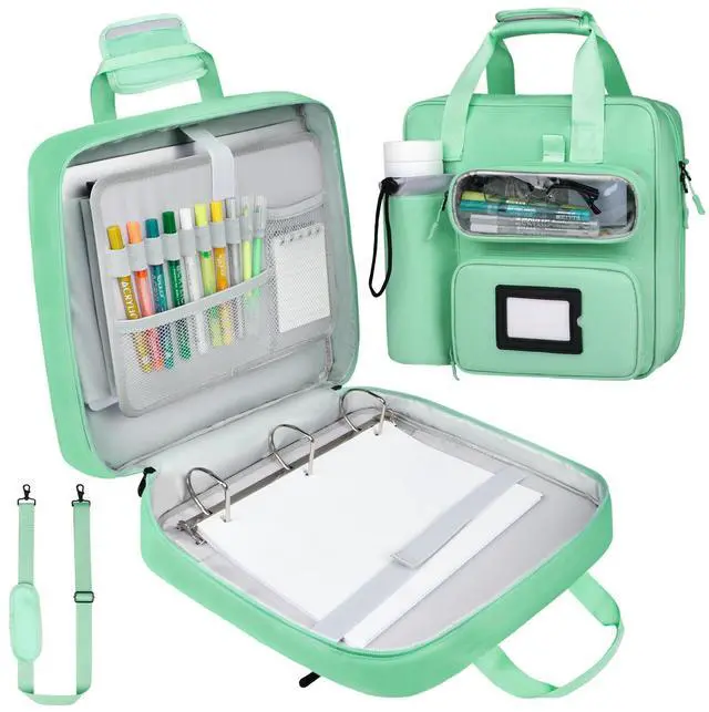 Main image of 3 Inch Zipper 3 D-Ring Binder Bag, 700 Sheet Portfolio Organizer with Shoulder Strap, 13 Inch Laptop Sleeve, Pen& Bottle Pocket for Middle School, Green