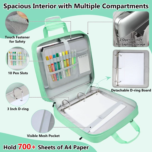 Alt view image 2 of 7 - 3 Inch Zipper 3 D-Ring Binder Bag, 700 Sheet Portfolio Organizer with Shoulder Strap, 13 Inch Laptop Sleeve, Pen& Bottle Pocket for Middle School, Green
