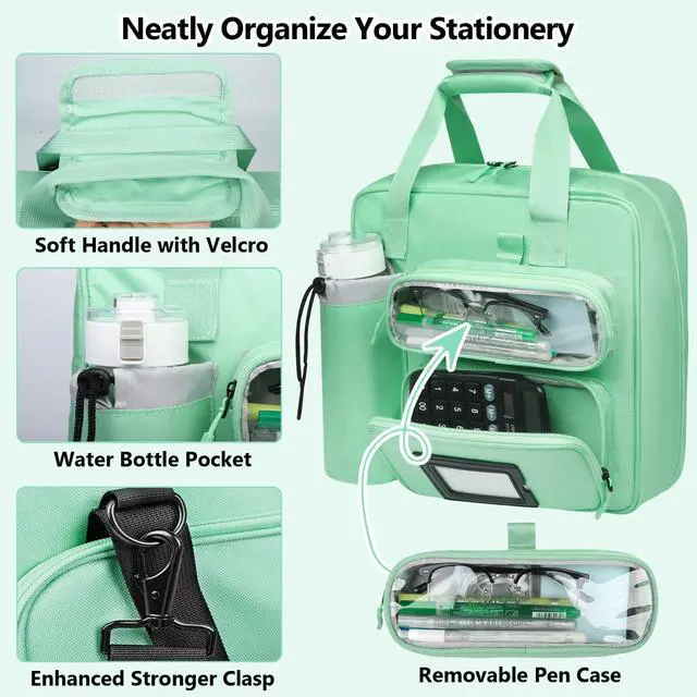 Alt view image 3 of 7 - 3 Inch Zipper 3 D-Ring Binder Bag, 700 Sheet Portfolio Organizer with Shoulder Strap, 13 Inch Laptop Sleeve, Pen& Bottle Pocket for Middle School, Green