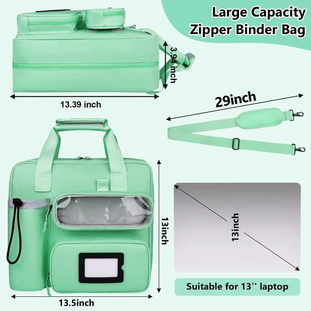 Alt view image 4 of 7 - 3 Inch Zipper 3 D-Ring Binder Bag, 700 Sheet Portfolio Organizer with Shoulder Strap, 13 Inch Laptop Sleeve, Pen& Bottle Pocket for Middle School, Green