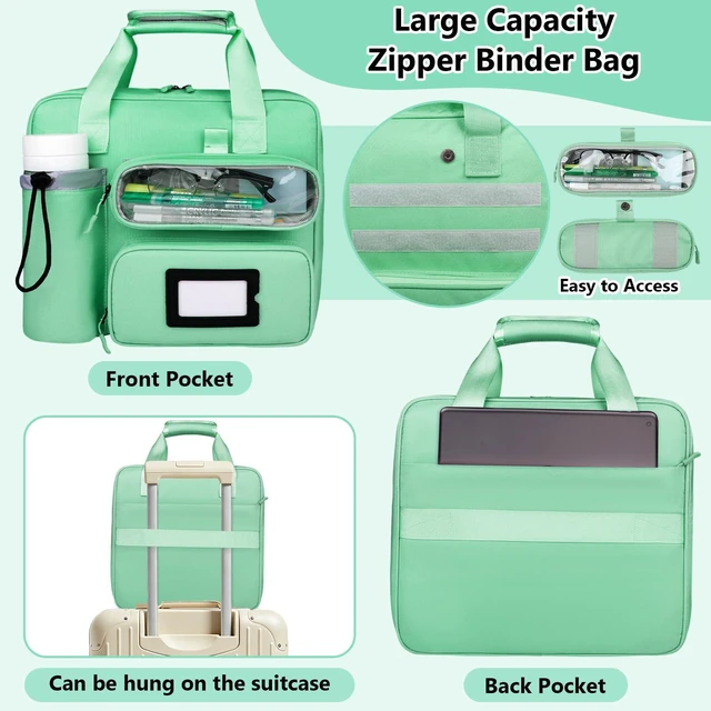 Alt view image 5 of 7 - 3 Inch Zipper 3 D-Ring Binder Bag, 700 Sheet Portfolio Organizer with Shoulder Strap, 13 Inch Laptop Sleeve, Pen& Bottle Pocket for Middle School, Green