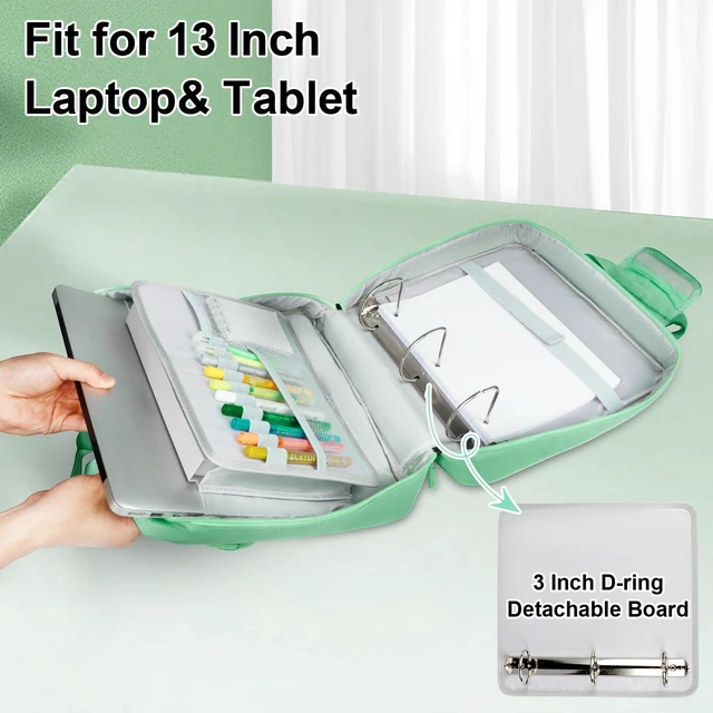 Alt view image 6 of 7 - 3 Inch Zipper 3 D-Ring Binder Bag, 700 Sheet Portfolio Organizer with Shoulder Strap, 13 Inch Laptop Sleeve, Pen& Bottle Pocket for Middle School, Green