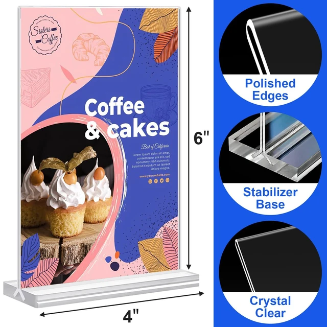 Alt view image 2 of 7 - Acrylic Sign Holder 4x6 Inches 24 Pack, Double Sided Clear Display Stand Table Top Sign Paper Holder, Vertical Menu Flyer Holder, Plastic Sign Frame for Stores, Restaurants, Hotels, Office