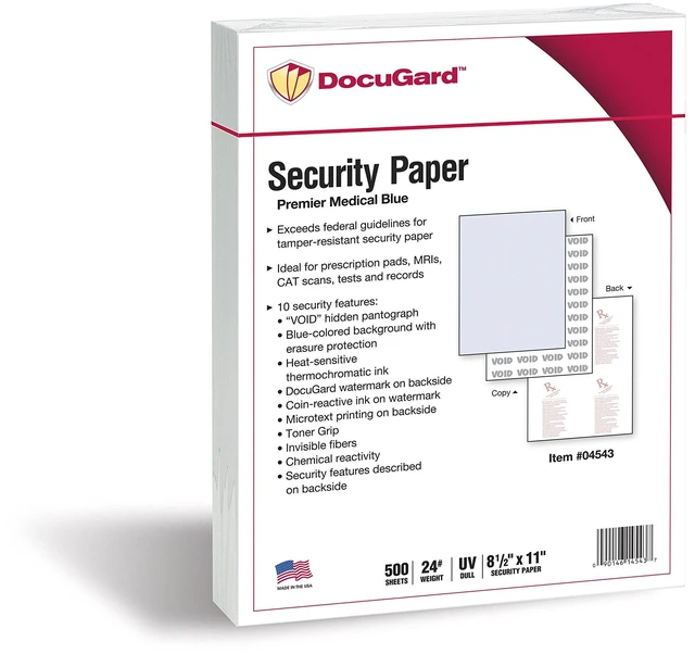 Main image of Medical Security Papers, 24 lb Bond Weight, 8.5 x 11, Blue, 500/Ream